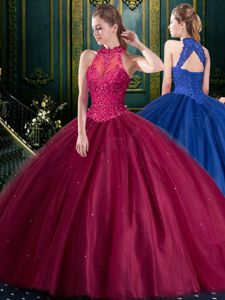 Burgundy Lace Up Vestidos de Quinceanera Appliques Sleeveless Floor Length