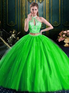 Halter Top Sleeveless Floor Length Beading and Lace and Appliques Lace Up Sweet 16 Dresses with
