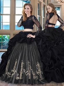 Classical Pick Ups With Train Black Sweet 16 Quinceanera Dress Scoop Long Sleeves Brush Train Backless