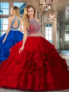 Graceful Red Two Pieces Scoop Sleeveless Organza Floor Length Backless Beading and Ruffles Ball Gown Prom Dress