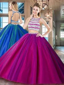 Flare Organza Scoop Sleeveless Zipper Beading 15 Quinceanera Dress in Red