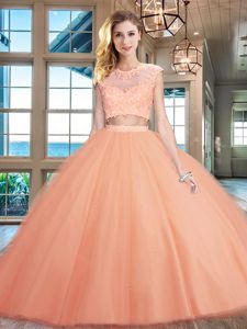 Inexpensive Tulle Scoop Cap Sleeves Zipper Beading and Appliques Quinceanera Dress in Peach