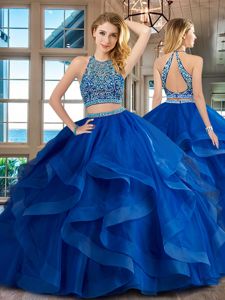 Floor Length Royal Blue 15th Birthday Dress Scoop Sleeveless Backless