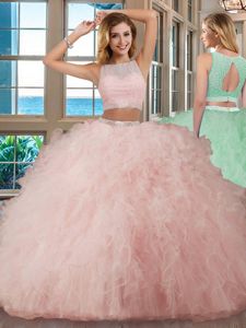 Two Pieces 15th Birthday Dress Pink Scoop Tulle Sleeveless Floor Length Backless