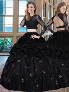 Scoop Long Sleeves Backless Quinceanera Dress Black Taffeta