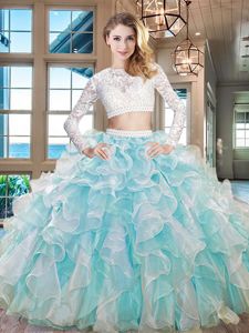 Tulle Scoop Cap Sleeves Zipper Beading and Lace and Appliques and Ruffled Layers Quinceanera Gown in Light Blue