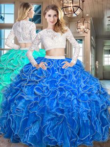 Comfortable Scoop Royal Blue Long Sleeves Floor Length Beading and Lace and Ruffles Zipper 15 Quinceanera Dress
