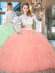 Scoop Long Sleeves Floor Length Beading and Lace and Ruffles Zipper Quinceanera Gowns with Watermelon Red