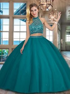 Wonderful Teal Two Pieces Tulle Halter Top Sleeveless Beading Floor Length Backless Sweet 16 Dresses
