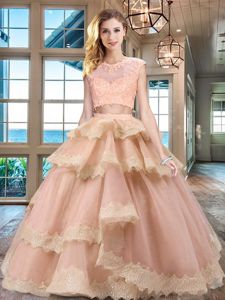 Peach Scoop Zipper Beading and Lace and Appliques and Ruffled Layers Quinceanera Dress Cap Sleeves
