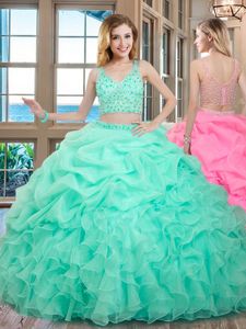 Simple Apple Green V-neck Neckline Beading and Ruffles and Pick Ups Sweet 16 Quinceanera Dress Sleeveless Zipper