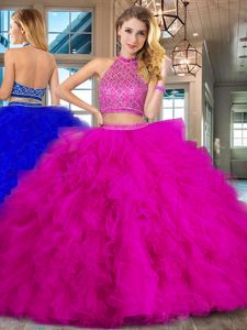 Halter Top Fuchsia Two Pieces Beading and Ruffles Quince Ball Gowns Backless Tulle Sleeveless