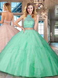 Colorful Apple Green Halter Top Backless Beading and Ruffles Quinceanera Gowns Sleeveless