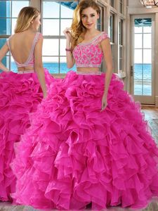 Scoop Backless Organza Cap Sleeves Floor Length 15 Quinceanera Dress and Beading and Ruffles
