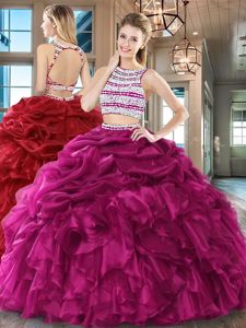 Luxurious Scoop Pick Ups Fuchsia Sleeveless Organza Backless 15 Quinceanera Dress for Military Ball and Sweet 16 and Quinceanera