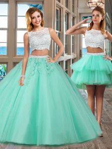 Edgy Apple Green Tulle Side Zipper Bateau Sleeveless Floor Length Quinceanera Dresses Beading and Appliques