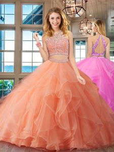 Fuchsia Tulle Backless Halter Top Sleeveless 15th Birthday Dress Brush Train Beading and Ruffles