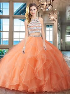 Discount Scoop Sleeveless Brush Train Backless Quince Ball Gowns Orange Organza
