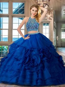 Eye-catching Floor Length Light Blue Ball Gown Prom Dress Scoop Cap Sleeves Zipper