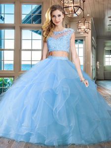 Scoop Cap Sleeves Organza With Brush Train Zipper Quinceanera Court of Honor Dress in Light Blue for with Beading and Appliques and Ruffles