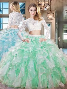 Low Price Scoop Apple Green Long Sleeves Organza Zipper Quinceanera Dresses for Military Ball and Sweet 16 and Quinceanera