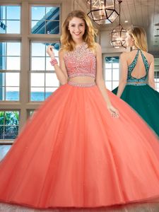 Scoop Beading Sweet 16 Dresses Watermelon Red Backless Sleeveless Floor Length