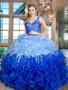 V-neck Sleeveless Vestidos de Quinceanera Floor Length Lace and Ruffles Multi-color Organza