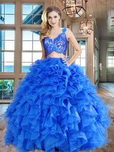 Discount Floor Length Blue 15th Birthday Dress Organza Sleeveless Lace and Ruffles