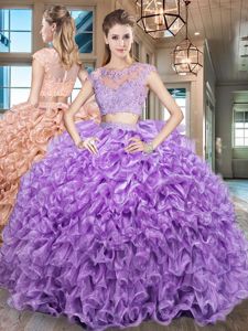 High Quality Two Pieces 15 Quinceanera Dress Purple Scoop Organza Cap Sleeves Floor Length Zipper