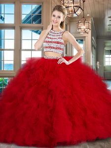 Wonderful Backless Scoop Sleeveless Quinceanera Gown With Brush Train Beading and Ruffles Red Tulle