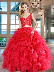 Glittering Sleeveless Floor Length Lace and Ruffles Zipper Quinceanera Dresses with Red