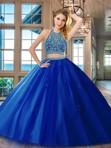 Fantastic Royal Blue Tulle Backless Scoop Sleeveless Floor Length 15 Quinceanera Dress Beading