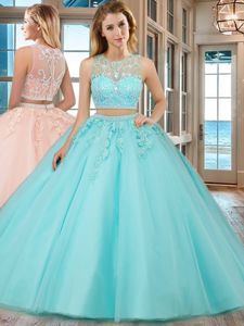 Tulle Scoop Sleeveless Zipper Beading and Appliques Quinceanera Dresses in Aqua Blue