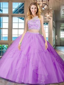 Scoop Lilac Backless Sweet 16 Dresses Beading and Ruffles Sleeveless Floor Length