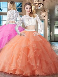 Scoop Orange Organza Zipper Quinceanera Dress Long Sleeves Brush Train Beading and Lace and Ruffles
