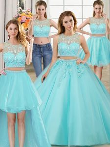 Custom Made Four Piece Scoop Sleeveless Tulle Quince Ball Gowns Beading and Appliques Zipper