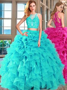 Scoop Floor Length Aqua Blue Quince Ball Gowns Organza Sleeveless Appliques and Ruffles