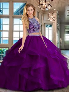 Purple Quinceanera Gown Military Ball and Sweet 16 and Quinceanera and For with Beading and Ruffles Scoop Sleeveless Backless