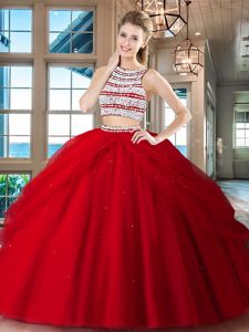 Sophisticated Scoop Red Backless Quinceanera Dress Beading and Pick Ups Sleeveless Floor Length