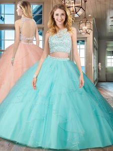 Chic Floor Length Aqua Blue 15th Birthday Dress Scoop Sleeveless Backless