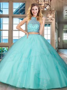 Halter Top Backless Floor Length Aqua Blue Sweet 16 Quinceanera Dress Tulle Sleeveless Beading and Ruffles