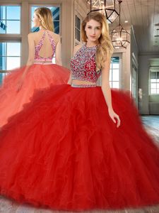 Discount Two Pieces Quinceanera Gown Peach Scoop Tulle Cap Sleeves Floor Length Zipper