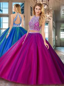 Customized Scoop Backless Fuchsia Sleeveless Beading Floor Length 15th Birthday Dress