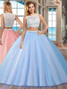 Beading Quinceanera Gown Blue Side Zipper Sleeveless Floor Length