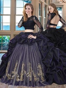 Scoop Purple Backless Quinceanera Dresses Embroidery and Pick Ups Long Sleeves With Brush Train