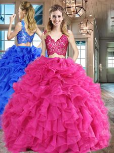 Clearance Hot Pink Organza Zipper V-neck Sleeveless Floor Length Sweet 16 Dresses Lace and Ruffles