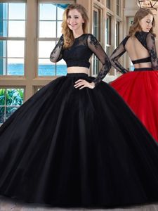 Dynamic Scoop Floor Length Two Pieces Long Sleeves Black and Red Ball Gown Prom Dress Backless