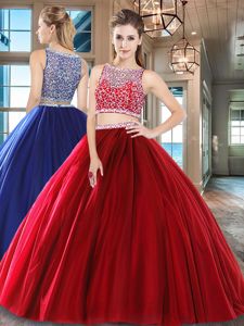 Sleeveless Floor Length Beading Side Zipper 15 Quinceanera Dress with Wine Red