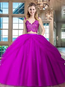 Fuchsia Tulle Zipper V-neck Sleeveless Floor Length Vestidos de Quinceanera Lace and Ruffled Layers