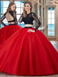 Custom Made Scoop Floor Length Two Pieces Long Sleeves Red Vestidos de Quinceanera Backless